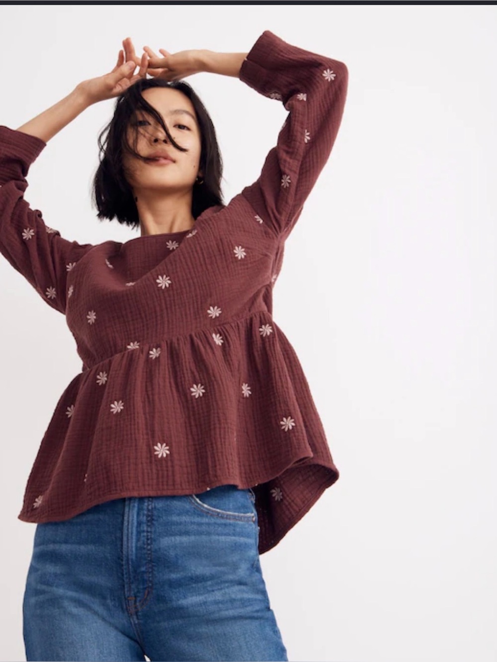 Madewell Women's Maroon Peasant Top with White Daisy Embroidery, size 1x